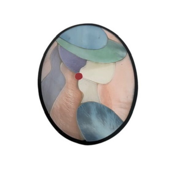 Mother of Pearl Inlaid Vintage Brooch Pastel Oval Lady in Hat Lee Sands unsigned - Picture 3 of 5
